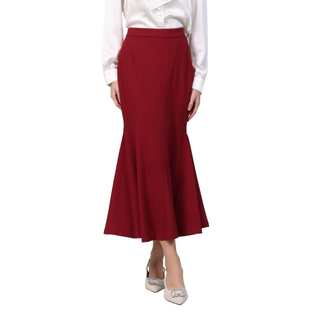 Women High Waist Office Work Fishtail Mermaid Long Skirt Dark Red